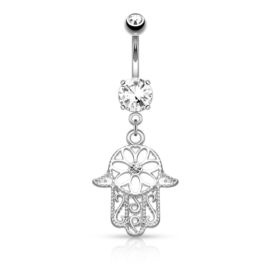 Cherry Diva belly bar Silver 14 Gauge Dangling Crystal Hamsa Hand Belly Bar
