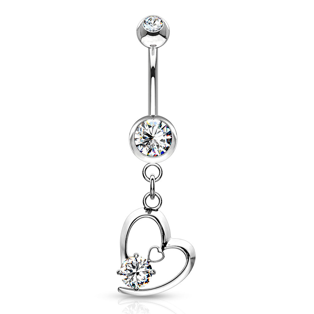 Cherry Diva belly bar Silver 14 Gauge Dangling Crystal Heart Belly Button Bar