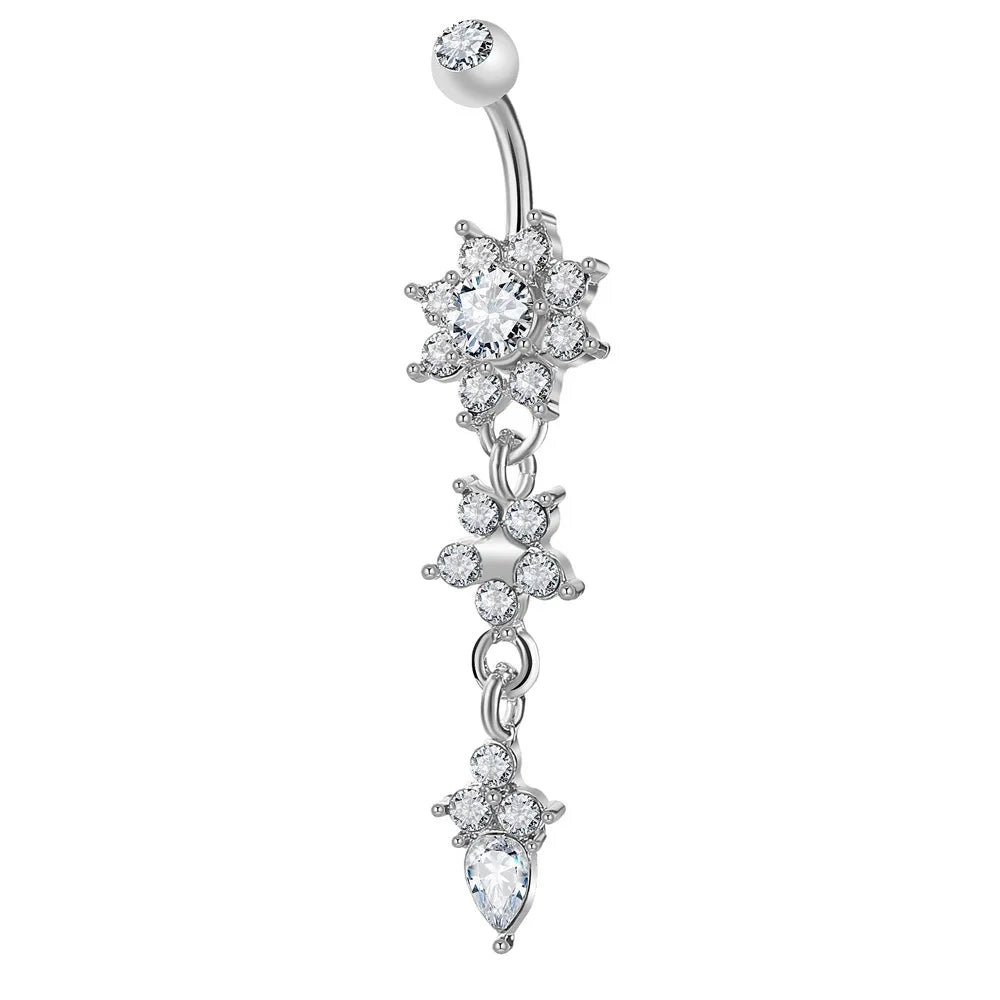 Cherry Diva Belly Bar Silver 14 Gauge Dangling Triple Crystal Flower Belly Button Bar