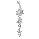 Cherry Diva Belly Bar Silver 14 Gauge Dangling Triple Crystal Flower Belly Button Bar