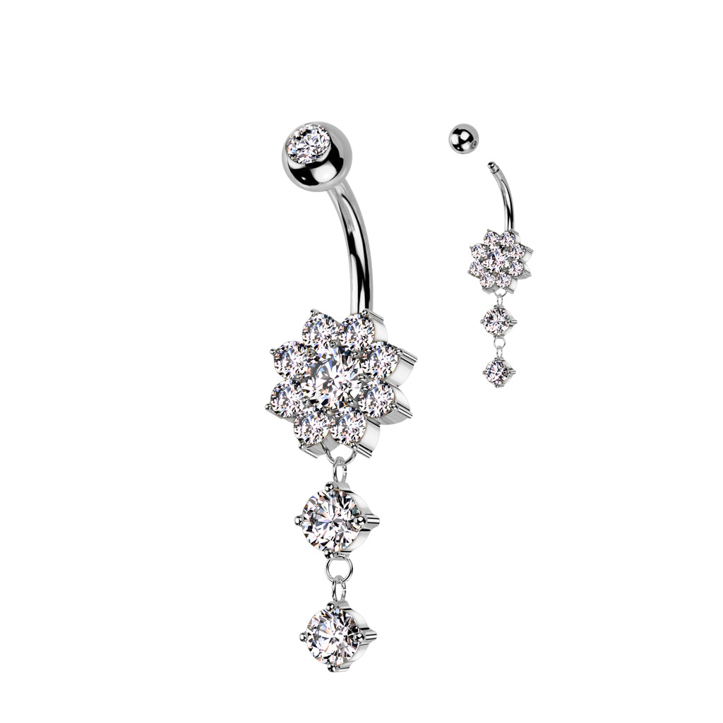 Cherry Diva Belly Bar Silver 14 Gauge Double Dangling Crystal Flower Belly Bar
