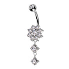 Cherry Diva Belly Bar Silver 14 Gauge Double Dangling Crystal Flower Belly Bar