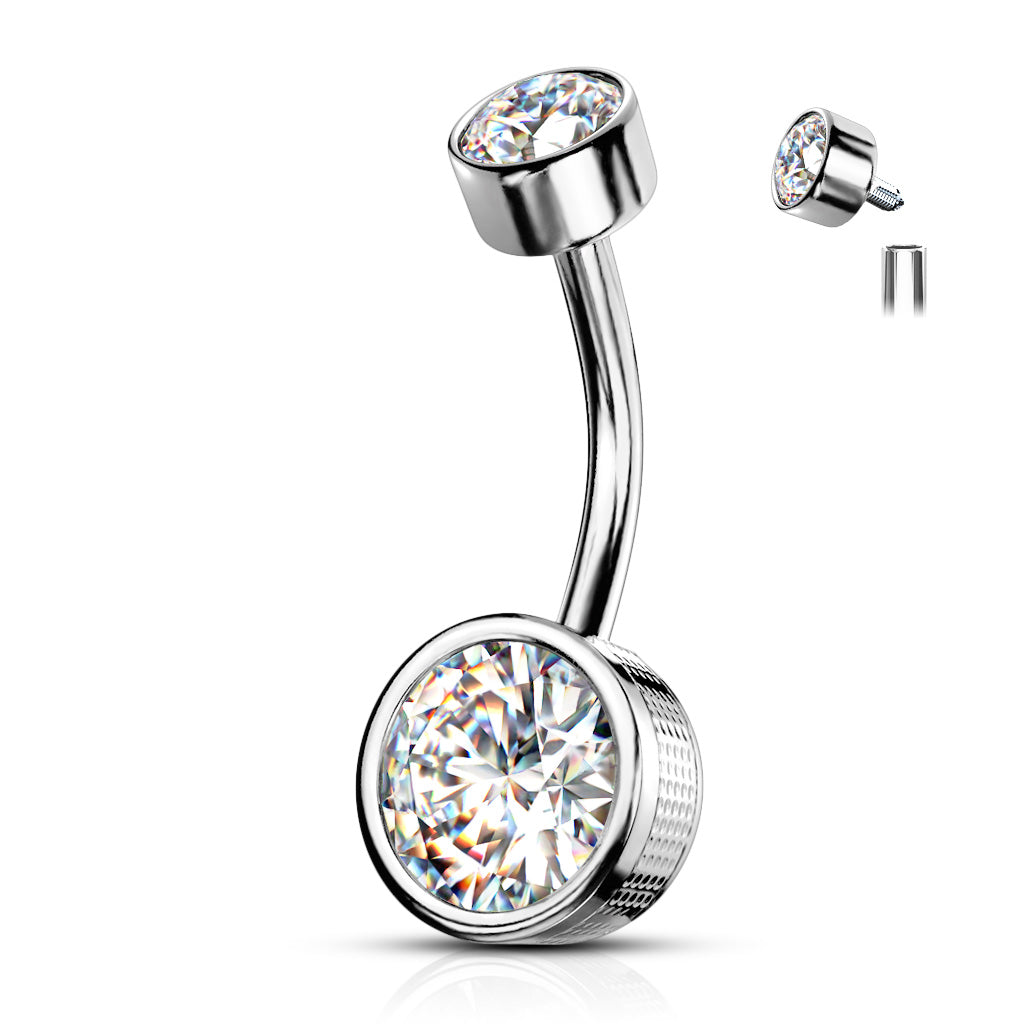 Cherry Diva Belly Bar Silver 14 Gauge Internally Threaded Round Crystal Belly Bar
