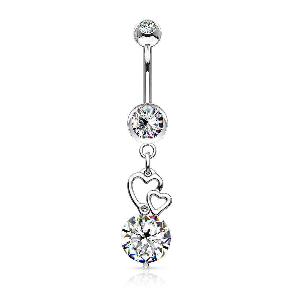 Cherry Diva Belly Bar Silver 14 Gauge Silver Dangling Crystal Heart Belly Button Bar