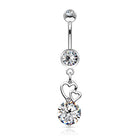 Cherry Diva Belly Bar Silver 14 Gauge Silver Dangling Crystal Heart Belly Button Bar