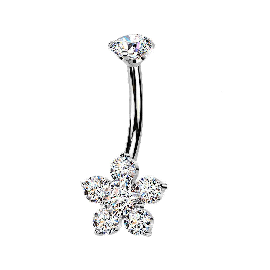 Cherry Diva Belly Bar Silver 14 Gauge Titanium Crystal Flower Belly Button Bar