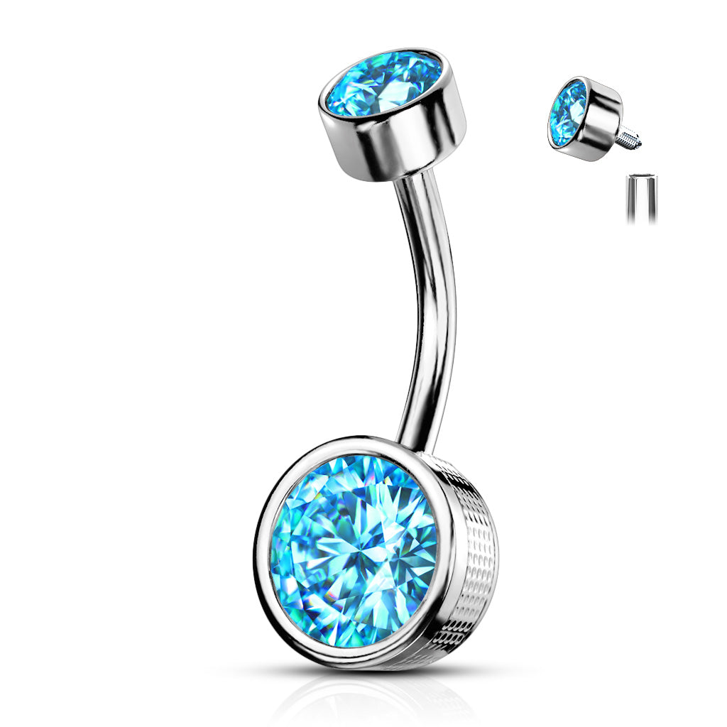 14 Gauge Internally Threaded Aqua Crystal Belly Bar