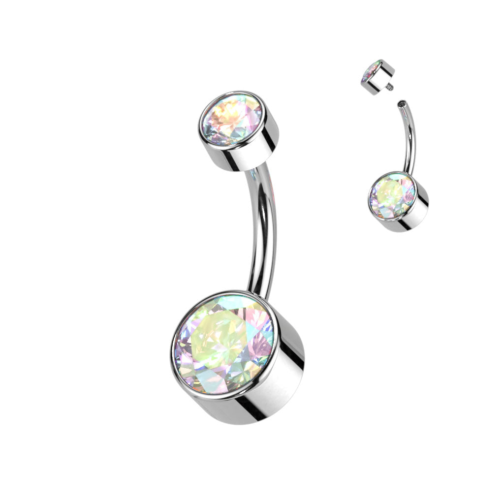 14 Gauge Titanium Bezel Set Crystal Belly Button Bar Aurora