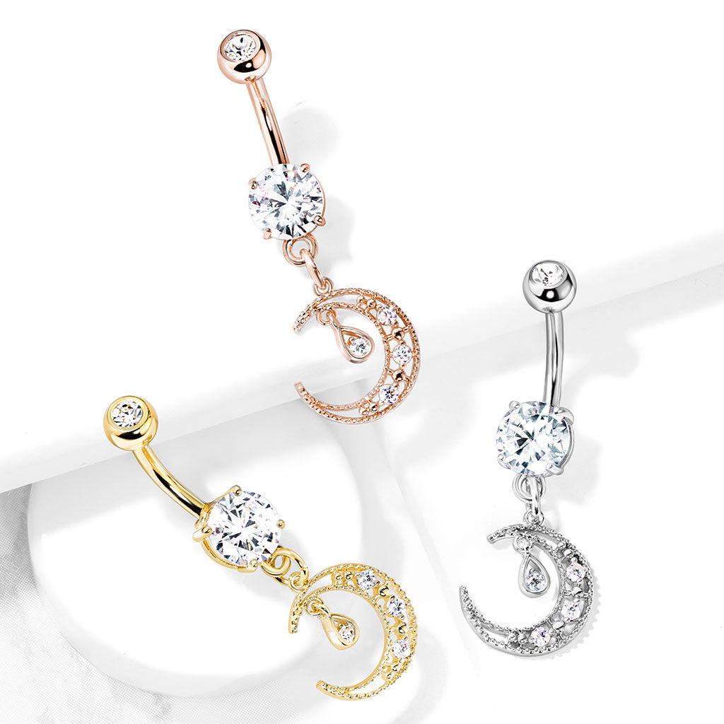 Cherry Diva Belly Button Ring 14 Gauge Dangling Silver Moon Belly Bar