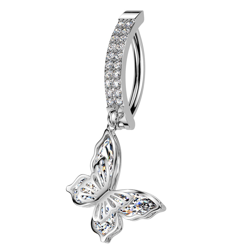 Cherry Diva Belly Button Ring 14 Gauge Hinged Dangling Crystal Butterfly Belly Button Ring