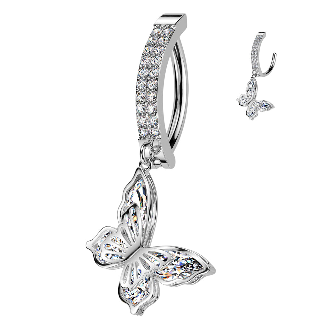 Cherry Diva Belly Button Ring 14 Gauge Hinged Dangling Crystal Butterfly Belly Button Ring