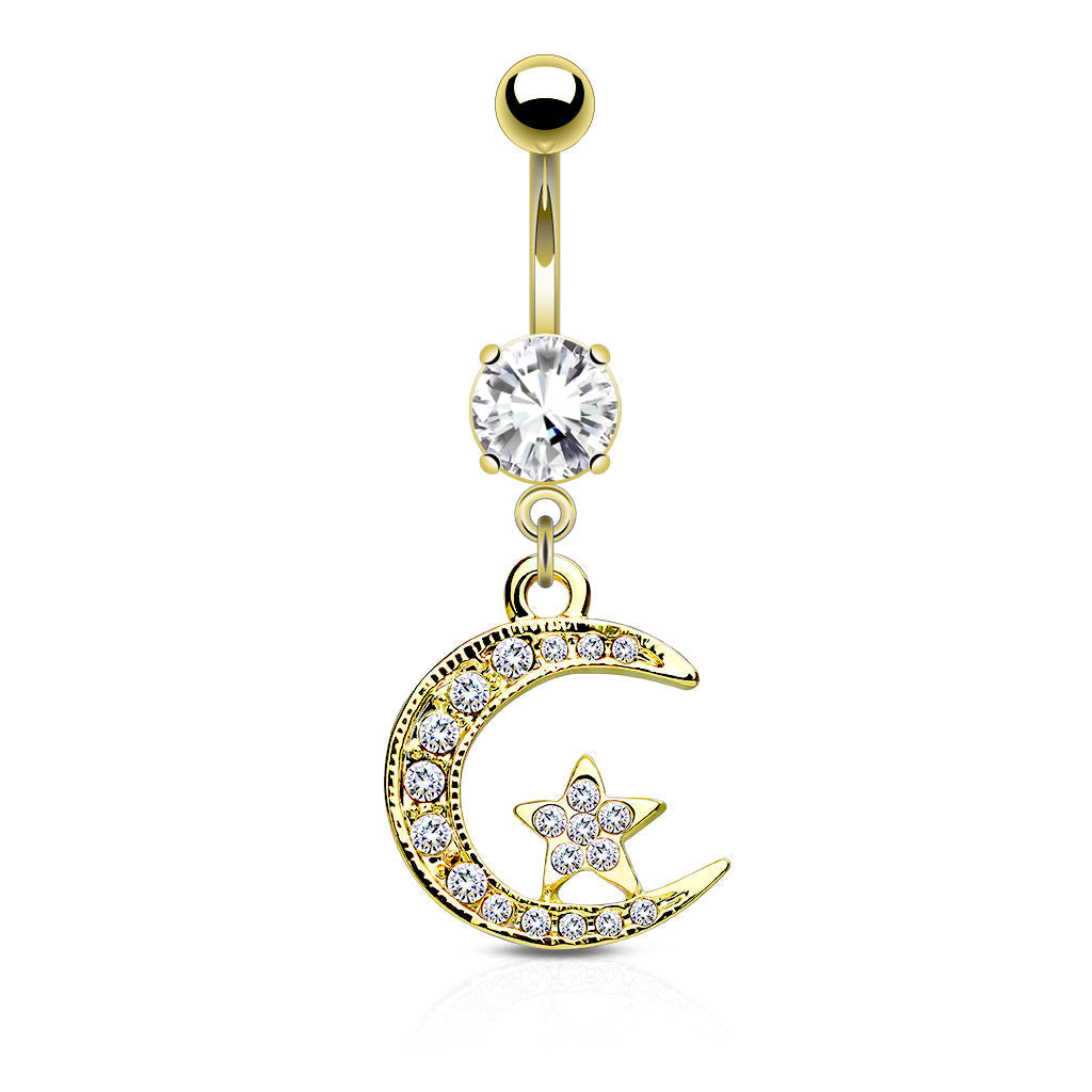 Dangling Moon & Star Belly Button Ring - Gold