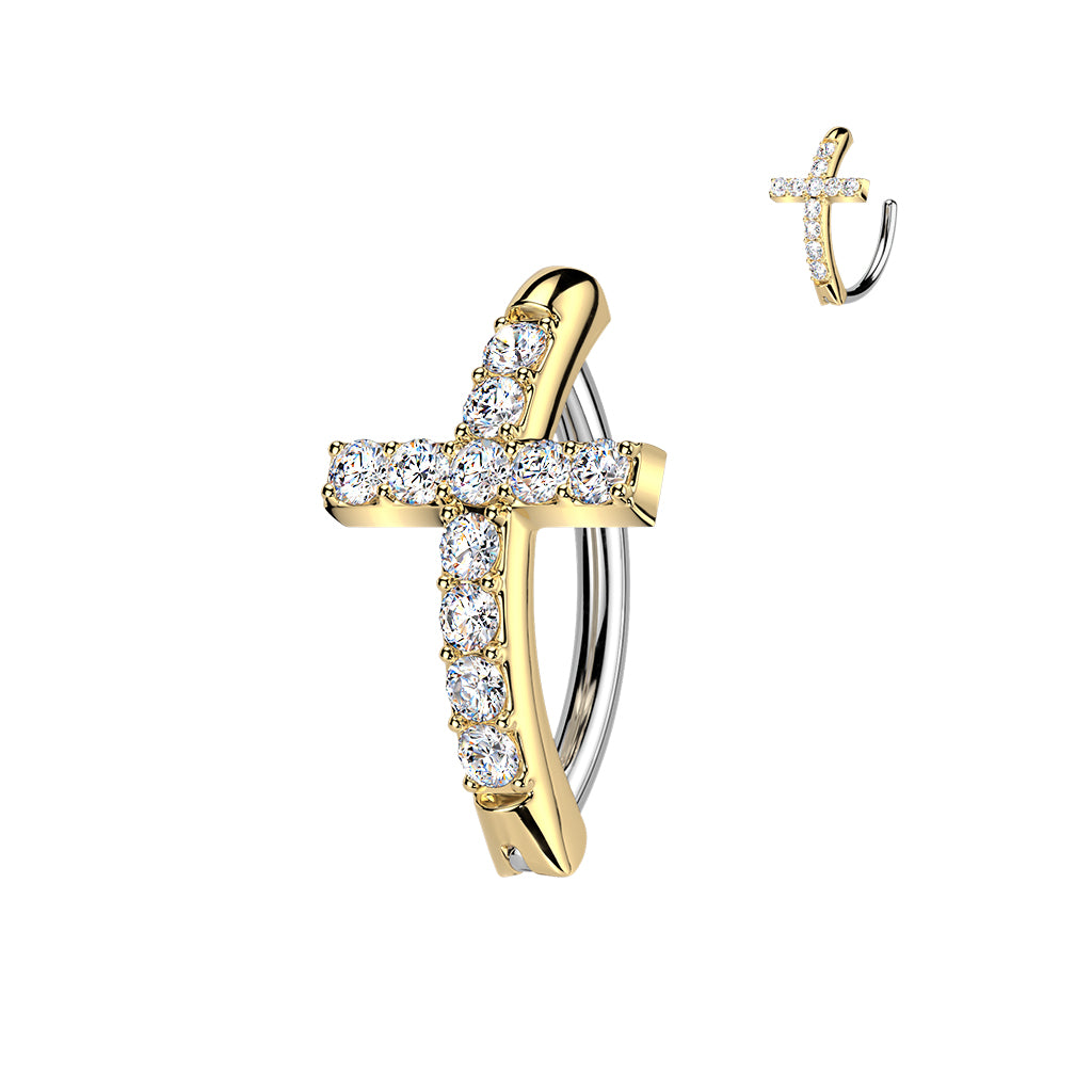 Cherry Diva Belly Button Ring Gold 14 Gauge Hinged Crystal Cross Belly Button Ring