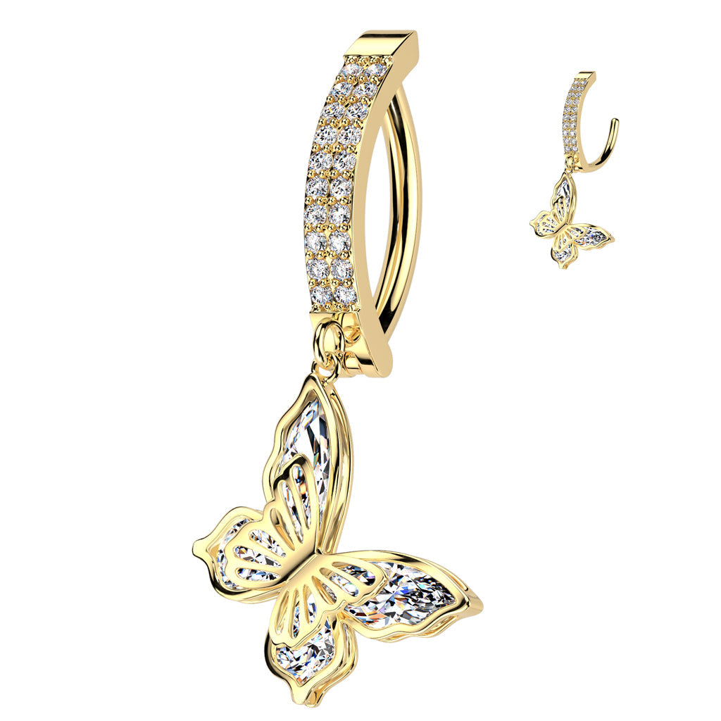 Cherry Diva Belly Button Ring Gold 14 Gauge Hinged Dangling Crystal Butterfly Belly Button Ring