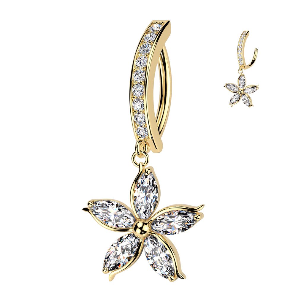Cherry Diva Belly Button Ring Gold 14 Gauge Hinged Dangling Crystal Flower Belly Button Ring