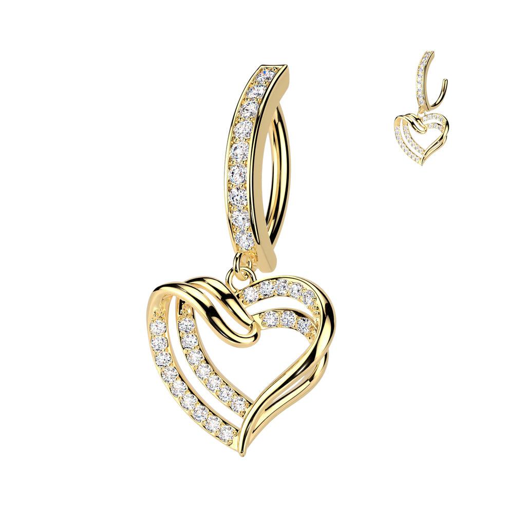 Cherry Diva Belly Button Ring Gold 14 Gauge Hinged Dangling Crystal Heart Belly Button Ring