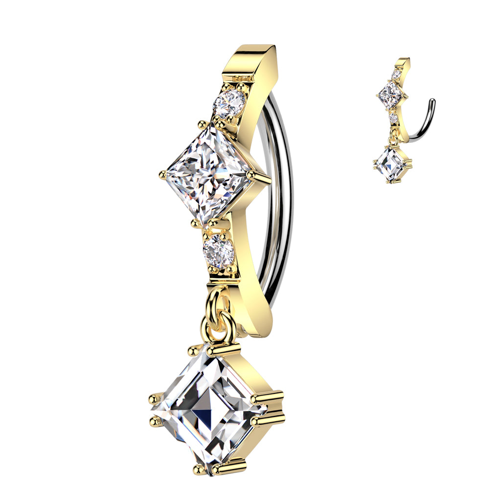 Cherry Diva Belly Button Ring Gold 14 Gauge Surgical Steel Hinged Dangling Crystal Belly Button Ring
