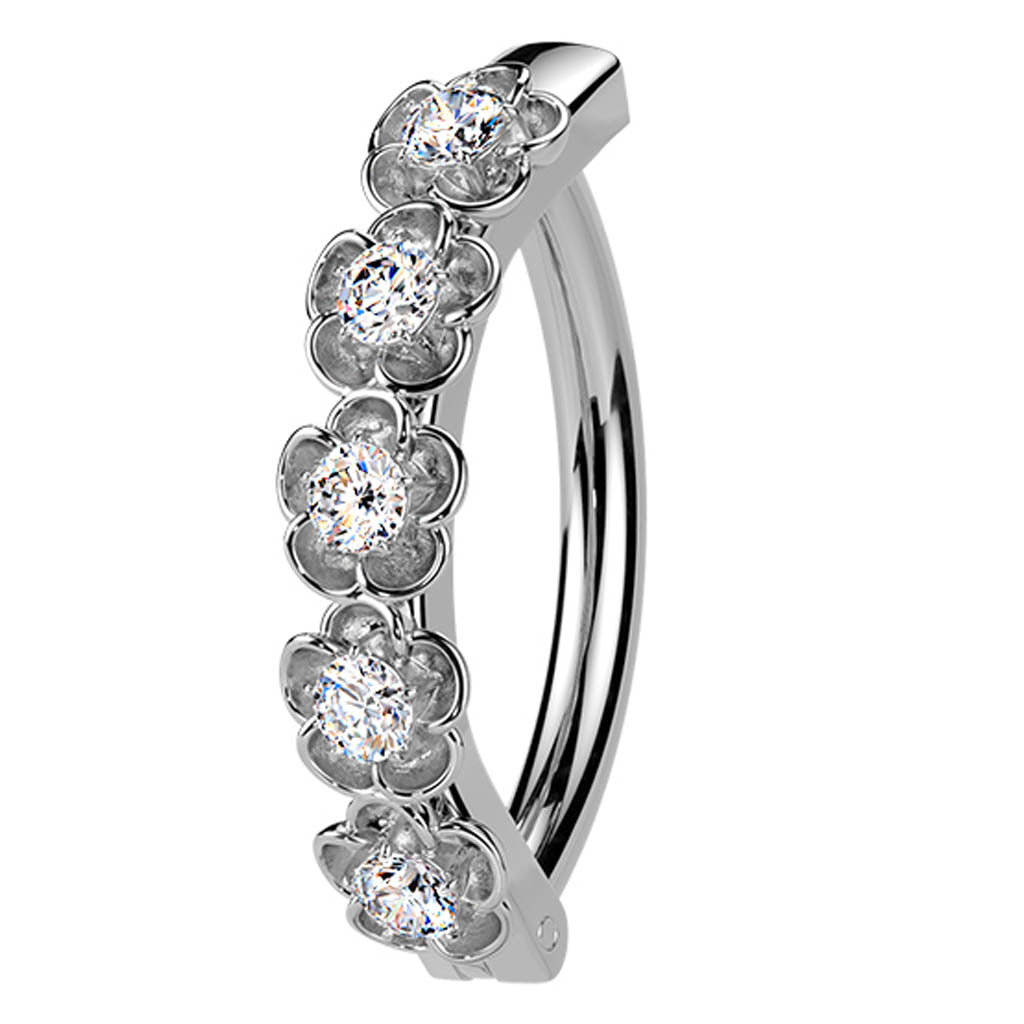 Cherry Diva Belly Button Ring Silver 14 Gauge Surgical Steel Hinged Crystal Flower Belly Button Ring