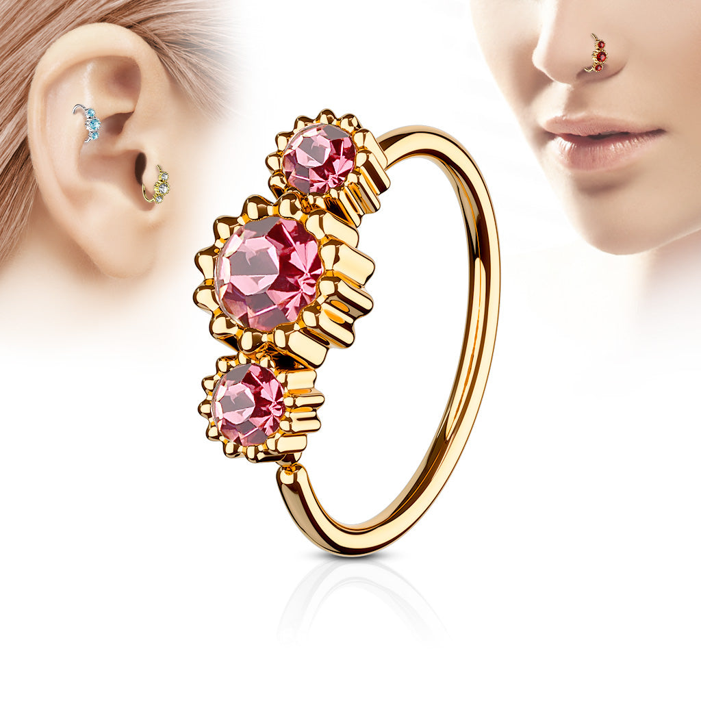 Cherry Diva Bendable Hoop Ring 20 Gauge Gold Triple Gemstone Hoop Ring for Nose & Ear - Pink