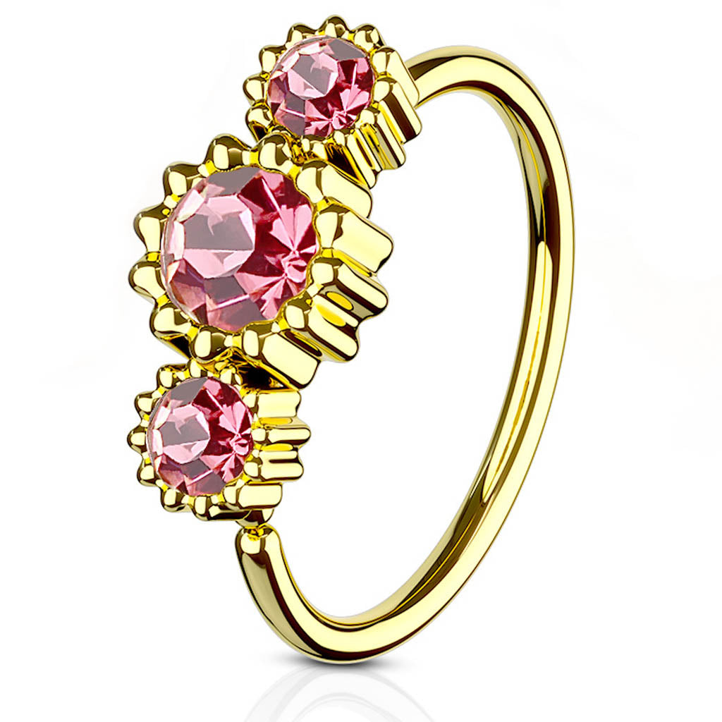 Cherry Diva Bendable Hoop Ring 20 Gauge Pink Triple Gemstone Hoop Ring for Nose & Ear