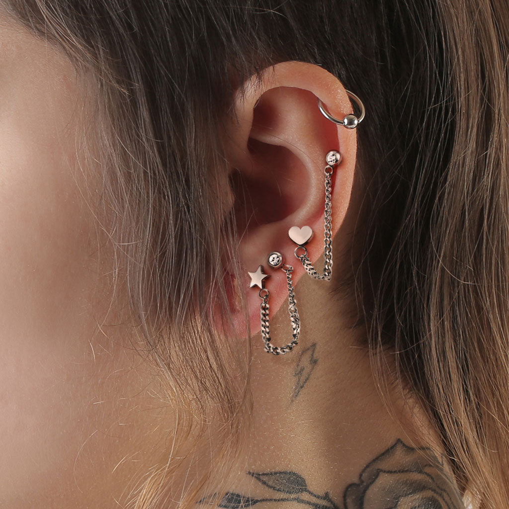 Cherry Diva Earrings 16 Gauge Chain Linked Barbell & Heart Cartilage Stud