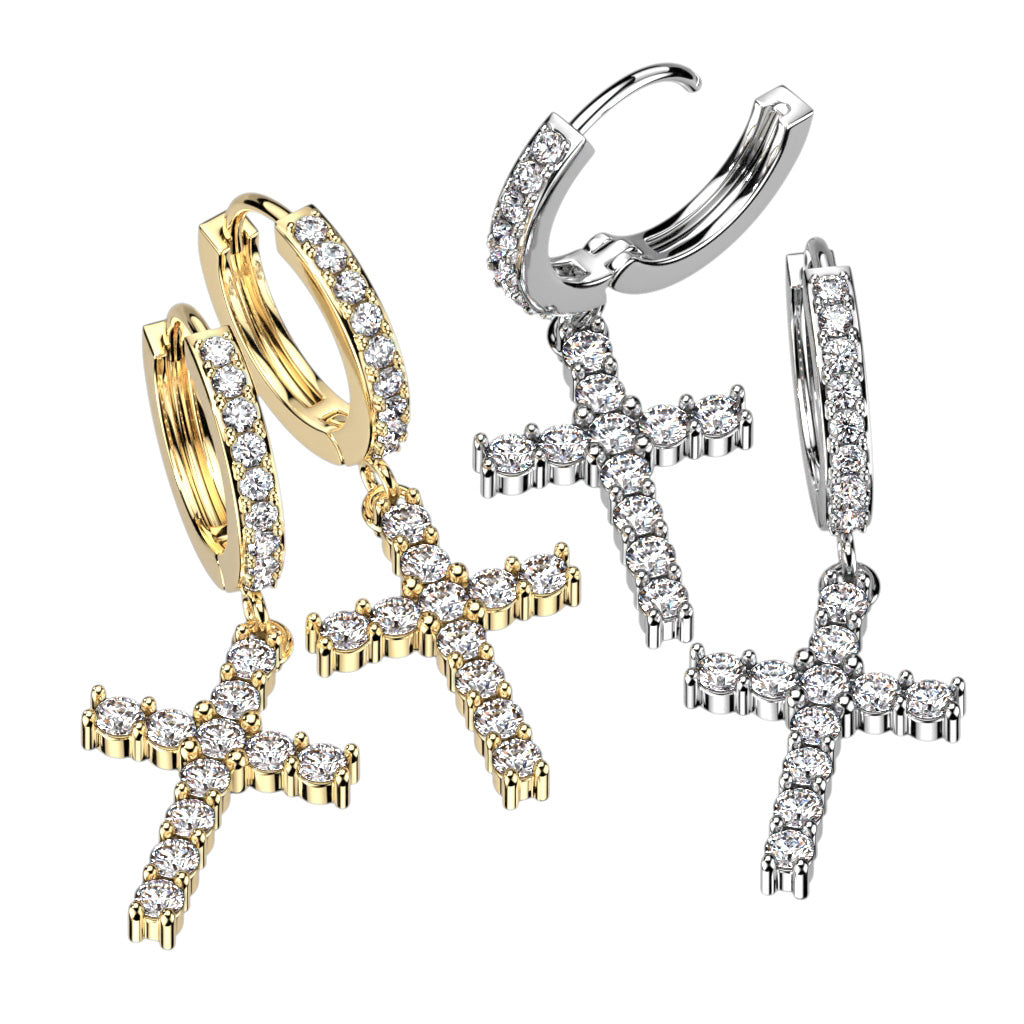 Cherry Diva Earrings 18 Gauge Dangling Crystal Cross Hoop Earrings