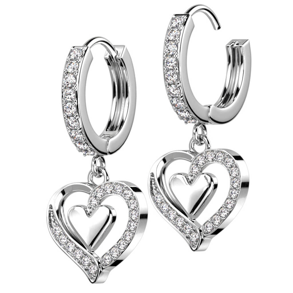 アクセサリー heart swing earrings 18 Gauge Dangling Crystal Heart Hoop Earrings - Cherry Diva