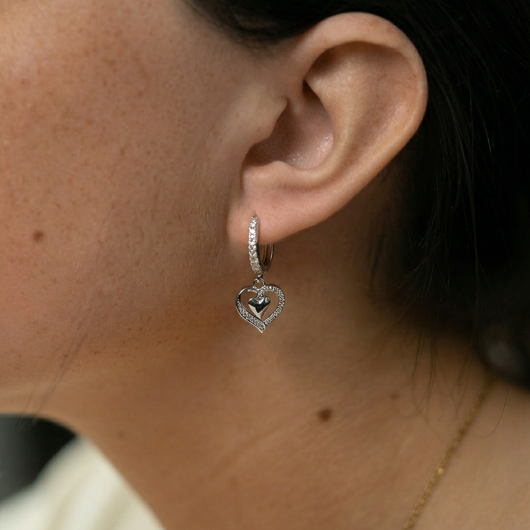 Cherry Diva Earrings 18 Gauge Dangling Crystal Heart Hoop Earrings