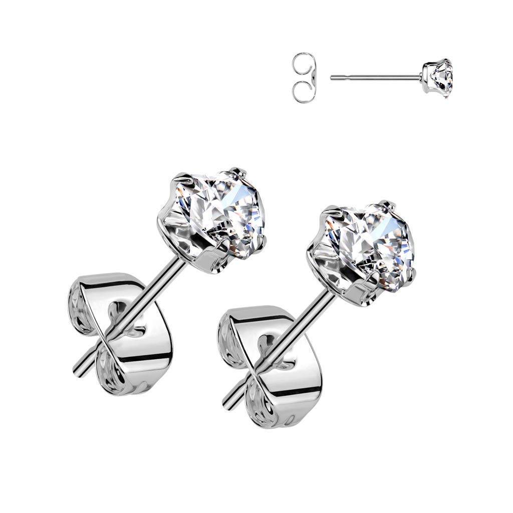 20 Gauge Crystal Heart Stainless Steel Stud Earrings - Silver