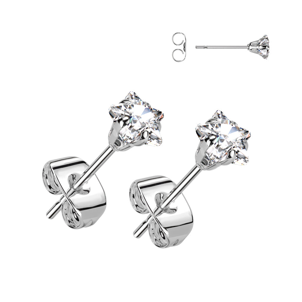 20 Gauge Crystal Star Stainless Steel Stud Earrings - Silver