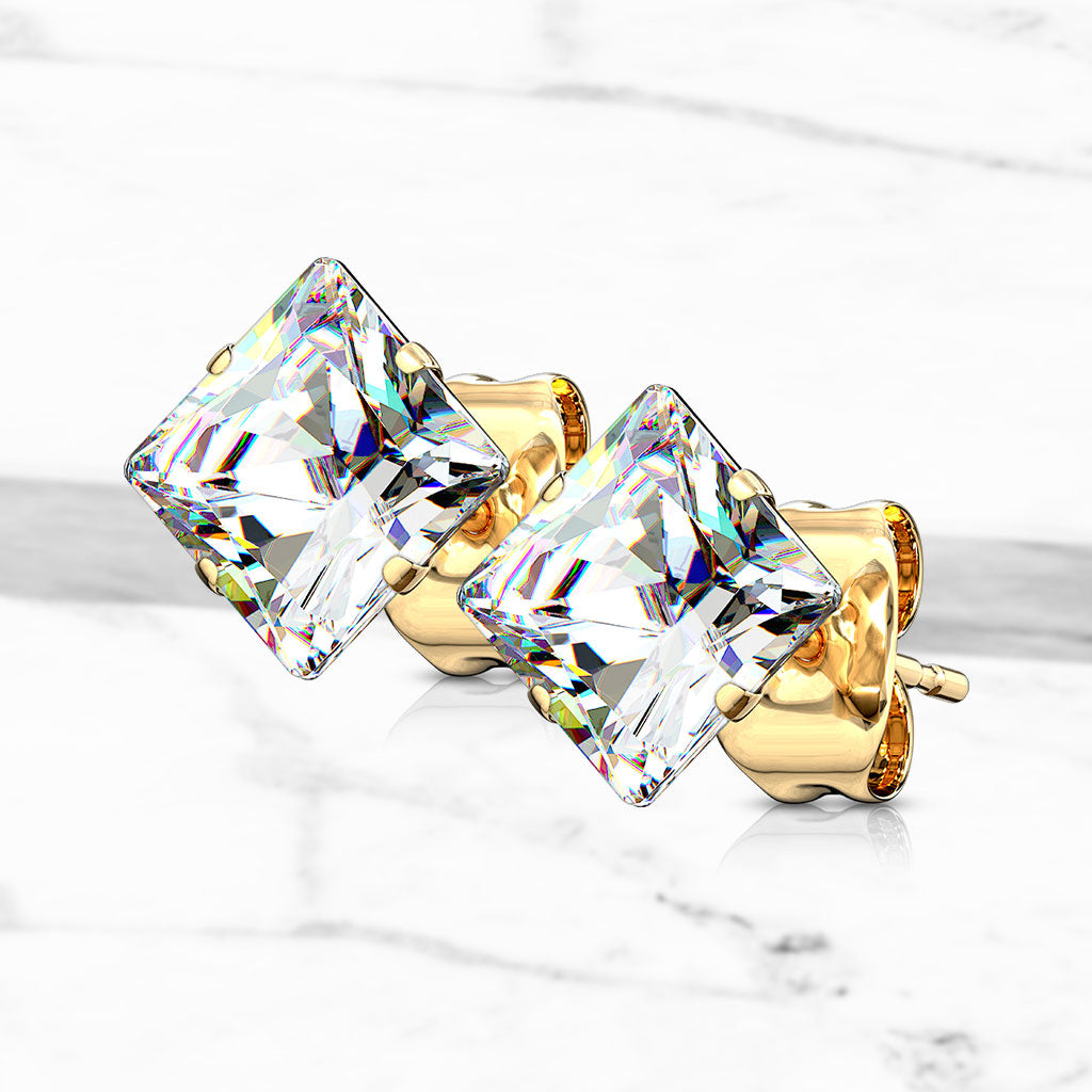 Cherry Diva Earrings 20 Gauge Hypoallergenic Stainless Steel Crystal Square Stud Earrings