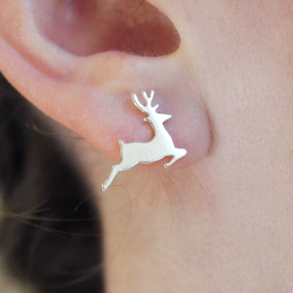 20 Gauge Silver Prancing Reindeer Stud Earrings
