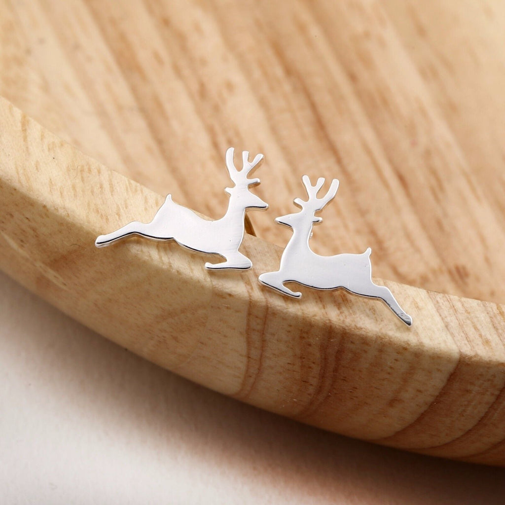 20 Gauge Silver Prancing Reindeer Stud Earrings