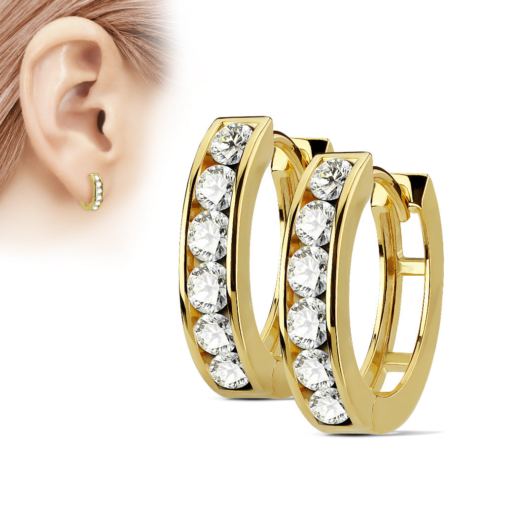 Channel Set Crystal Golden Huggie Hoop Earrings