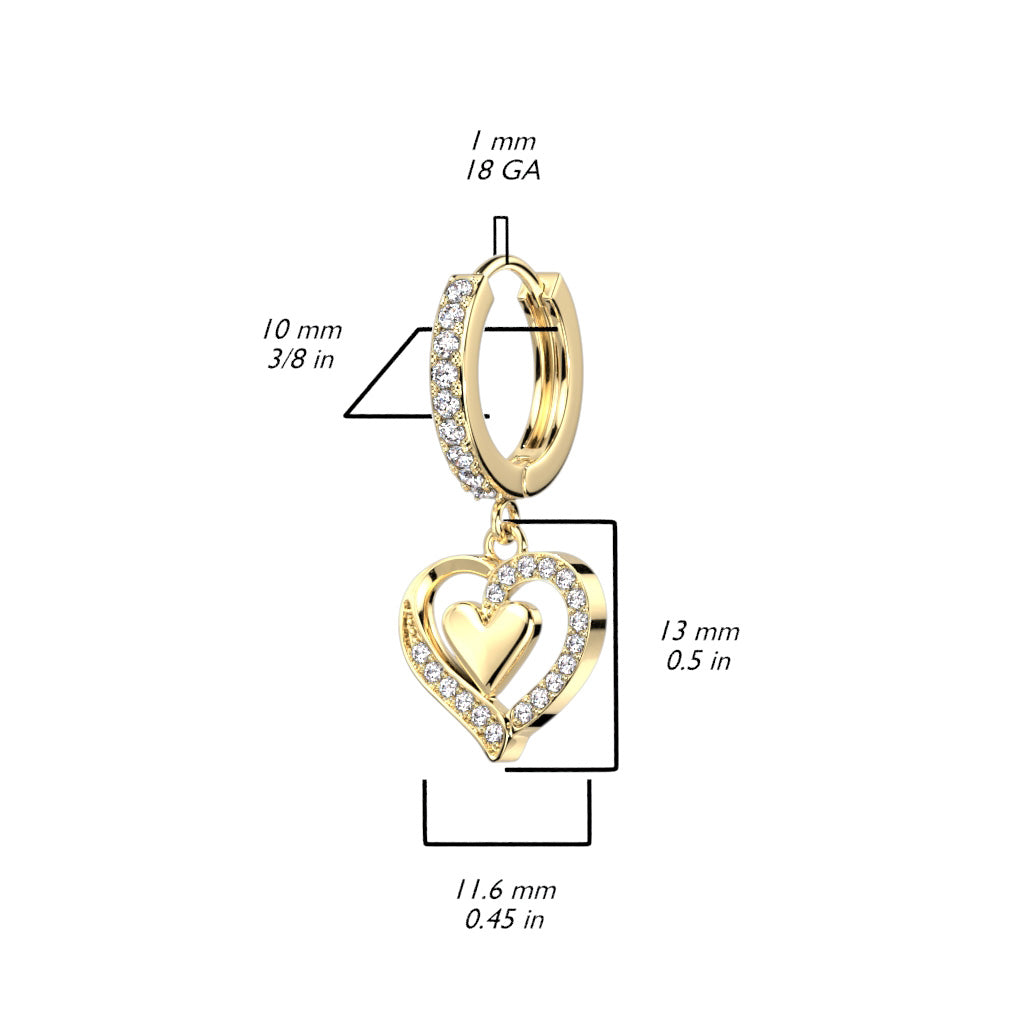 Dangling Crystal Heart Hoop Earrings - Gold