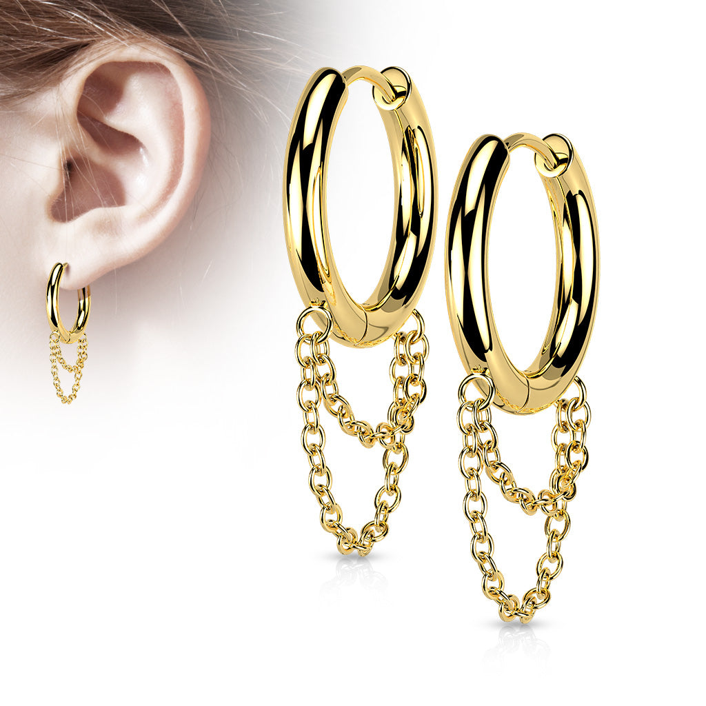 Cherry Diva Earrings Gold 18 Gauge Hypoallergenic Hinged Hoop Earrings With Dangling Chain