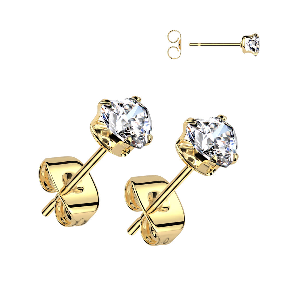 Cherry Diva Earrings Gold 20 Gauge Hypoallergenic Crystal Heart Stud Earrings