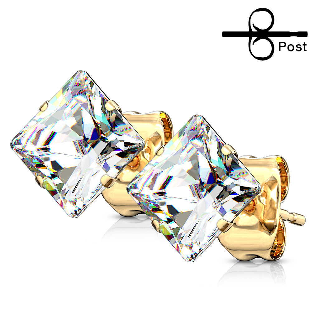 Cherry Diva Earrings Gold 20 Gauge Hypoallergenic Stainless Steel Crystal Square Stud Earrings