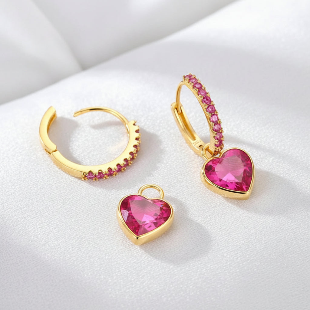 Cherry Diva Earrings Gold Plated Sterling Silver Pink Heart Hoop Earrings