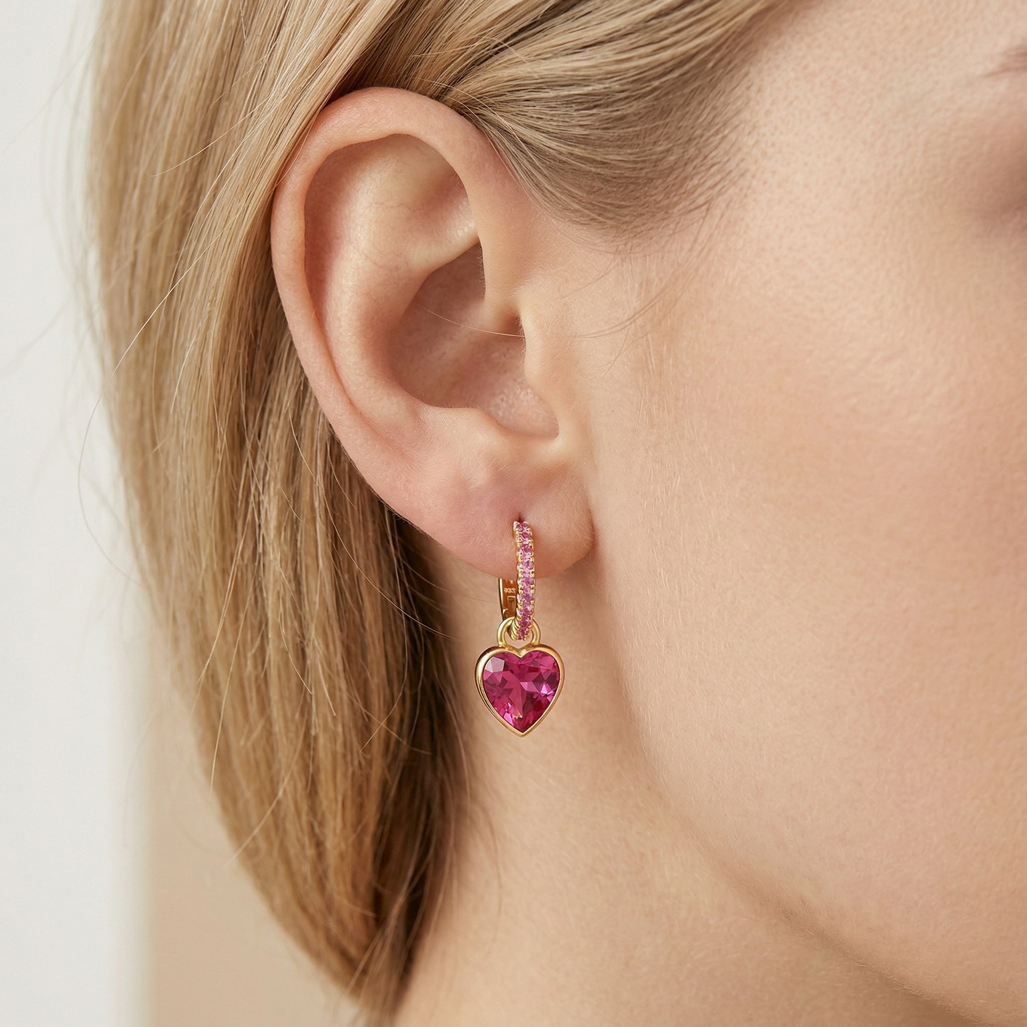 Cherry Diva Earrings Gold Plated Sterling Silver Pink Heart Hoop Earrings