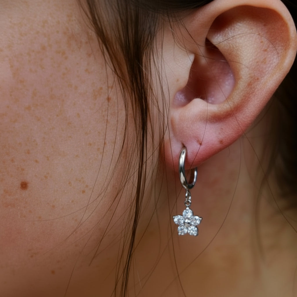 Cherry Diva Earrings Hypoallergenic Dangling Crystal Flower Huggie Hoop Earrings