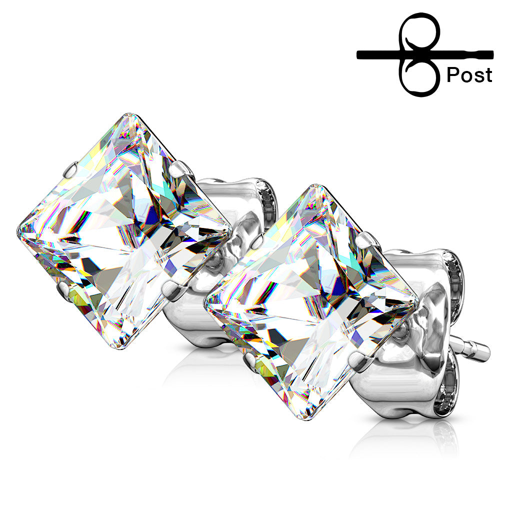 Cherry Diva Earrings Silver 20 Gauge Hypoallergenic Stainless Steel Crystal Square Stud Earrings