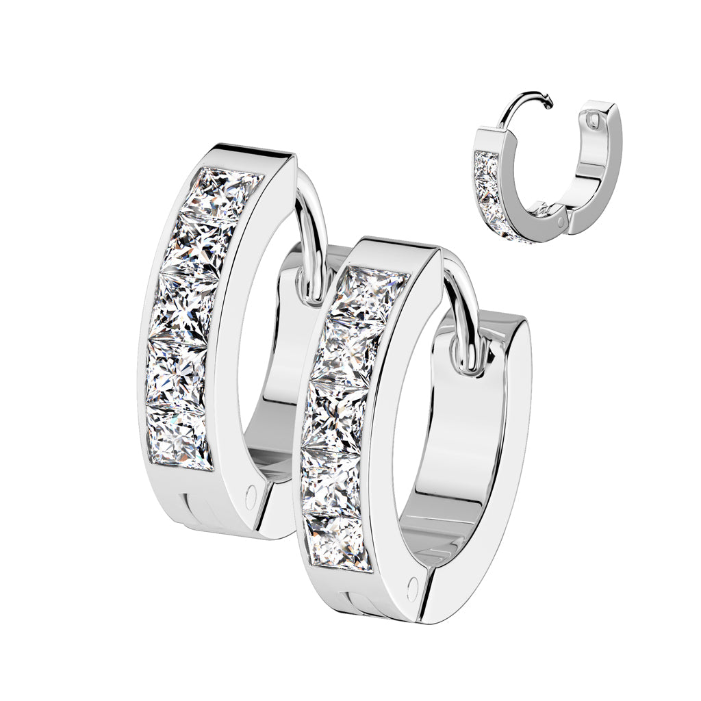 Stainless Steel Crystal Lined Hoop Earrings - Silver