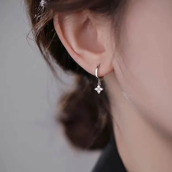 Cherry Diva Earrings Sterling Silver Dangling Crystal Flower Huggie Hoop Earrings
