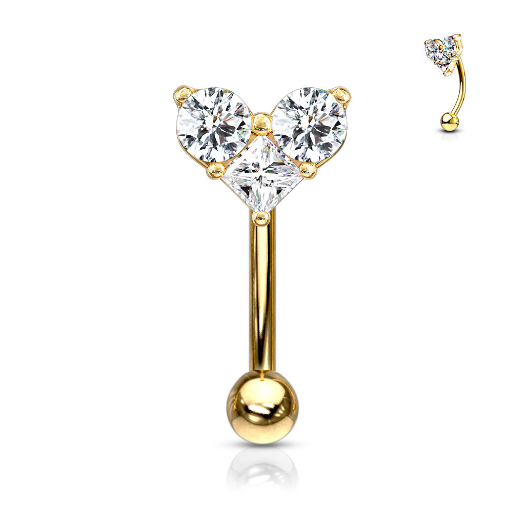 Cherry Diva Eyebrow Bar Gold 16 Gauge Prong Set Crystal Heart Eyebrow Barbell
