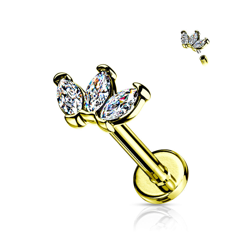 Cherry Diva Flat Back Stud 16 Gauge Flat Back Internally Threaded Golden Marquise Flower Stud