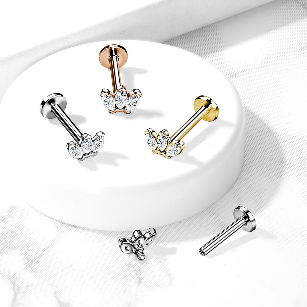 Cherry Diva Flat Back Stud 16 Gauge Flat Back Internally Threaded Golden Marquise Flower Stud