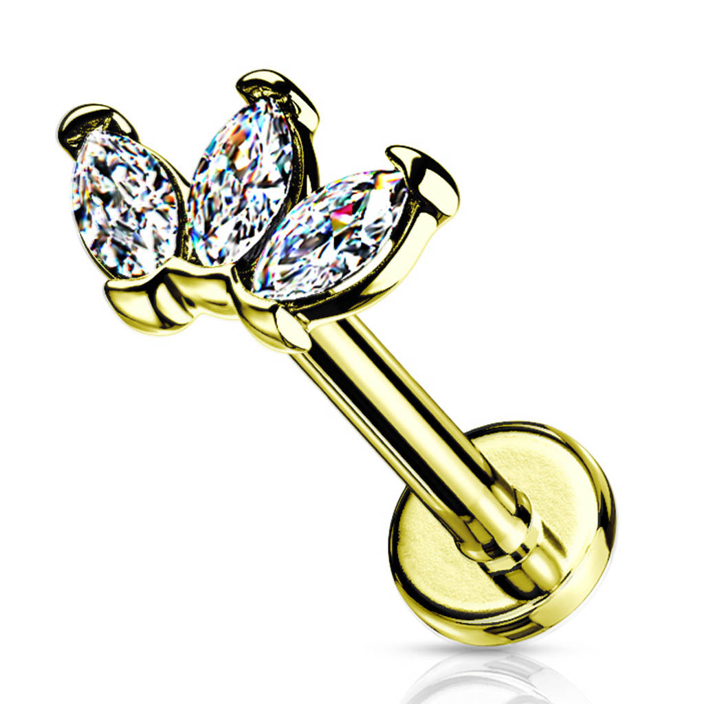 Cherry Diva Flat Back Stud 16 Gauge Flat Back Internally Threaded Golden Marquise Flower Stud