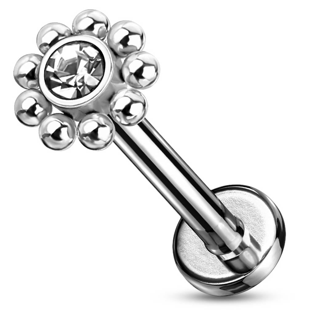 Cherry Diva Flat Back Stud 16 Gauge Hypoallergenic Internally Threaded Crystal Flower Stud