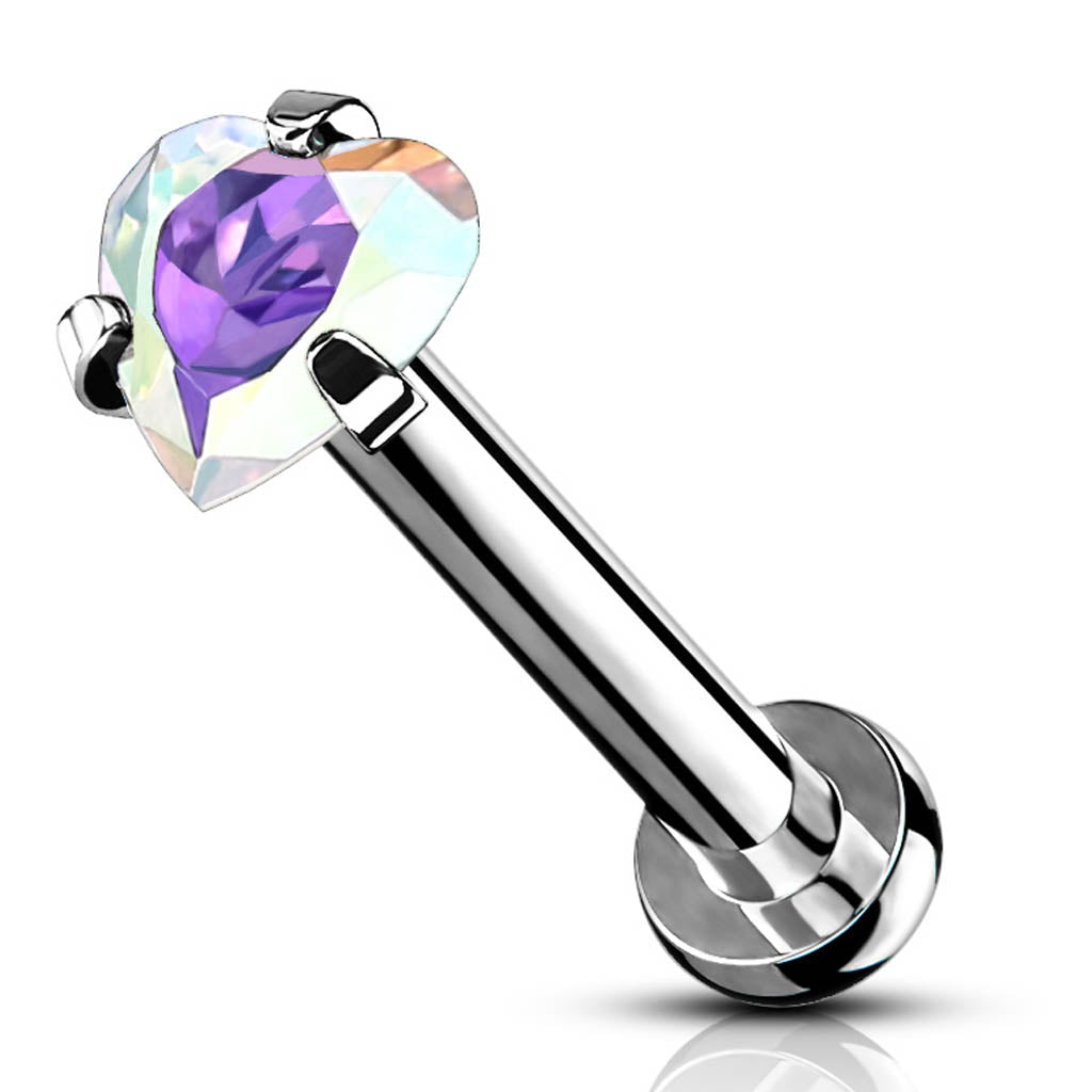 Cherry Diva Flat Back Stud 16 Gauge Hypoallergenic Internally Threaded Crystal Heart Stud